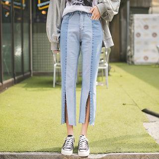 Slit-front Two-tone Boot-cut Jeans