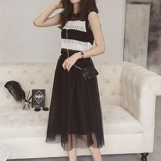 Set: Striped Knit Tank Top + Mesh Midi Skirt