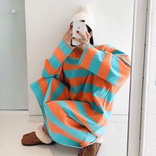 Round-neck Striped Pullover Long Dress Orange - One Size