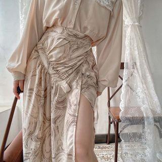Slit-side Printed Chiffon Skirt As Shown In Figure - One Size