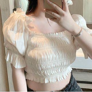 Short-sleeve Satin Cropped Blouse