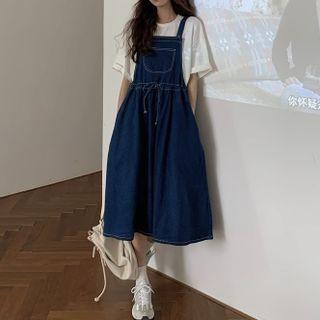Short-sleeve Plain T-shirt / Denim Midi Overall Dress