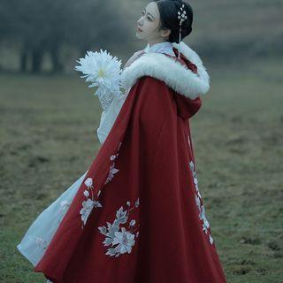 Fluffy Trim Hooded Embroidered Cape