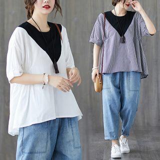 Mock Two-piece Panel Short-sleeve T Shirt