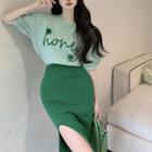 Puff-sleeve Lettering Sweater / Slit Midi Pencil Skirt