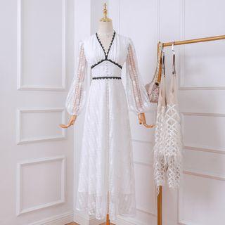 Lace Panel Long-sleeve Midi Lace Dress