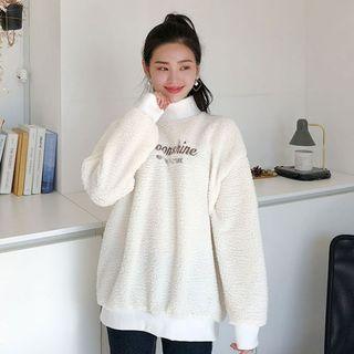 Mock-neck Letter Embroidered Fleece Top