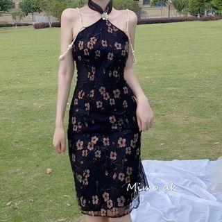 Halter Neck Floral Sleeveless Sheath Dress