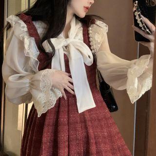 Bell-sleeve Lace Trim Blouse / Plaid Mini A-line Overall Dress