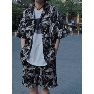 Set: Elbow-sleeve Leaf Print Hawaiian Shirt + Shorts