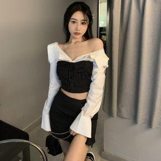 Long-sleeve Off-shoulder Crop Top / Mini Pencil Skirt