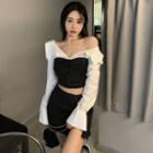 Long-sleeve Off-shoulder Crop Top / Mini Pencil Skirt