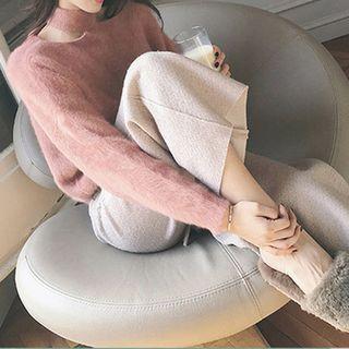 Set: Mock Neck Cutout Furry Sweater + Cropped Wide-leg Pants