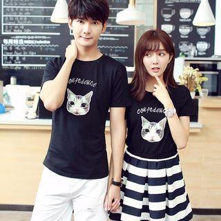 Coupe Matching Cat Print Short-sleeve T-shirt