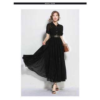 Elbow Sleeve Maxi Chiffon Shirt Dress With Belt