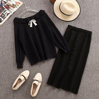 Set: Collared Chunky Knit Sweater + Midi Knit Skirt Set - Sweater - Black - One Size / Midi Skirt - Black - One Size