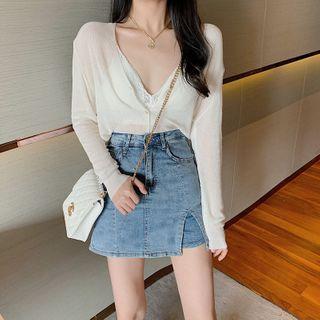 Cropped Cardigan / Camisole Top / Denim Mini Pencil Skirt