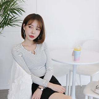 Cutout-neckline Striped Slim-fit T-shirt