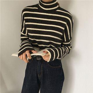 Striped Turtle-neck Loose-fit Long-sleeve Top
