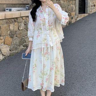 Plain Shirt / Flower Print Shirt / Midi A-line Skirt / Flower Print Skirt