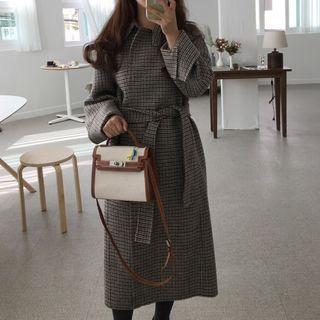 Long Tie-waist Plaid Buttoned Coat