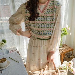 Button-back Flower-embroidered Long Dress