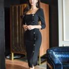 3/4-sleeve Square-neck Midi Sheath Dress