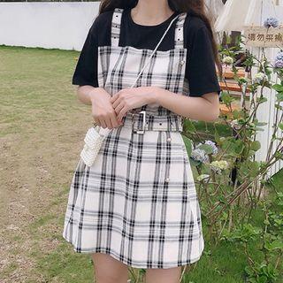 Mock Two-piece Plaid Jumper Skirt Black - One Size