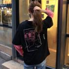 Print Long-sleeve Mock Two-piece T-shirt Black - One Size