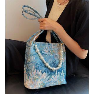 Floral Print Faux Pearl Tote Bag