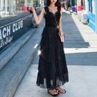 Sleeveless Metallic Mesh Maxi Tiered Dress