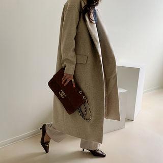 Peak-lapel Snap-button Coat Beige - One Size