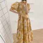 Puff-sleeve V-neck Floral Printed Dress