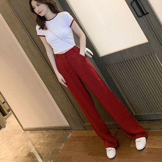 Contrast Trim T-shirt / High-waist Plain Pants