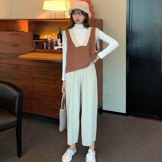 Contrast Trim Knit Vest / Turtleneck Long-sleeve T-shirt / Cropped Wide-leg Pants