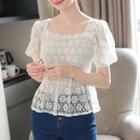 Puff-sleeve Smocked Sheer Lace Top