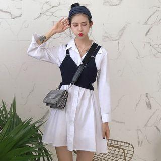 Set: Long-sleeve A-line Shirt Dress + Vest