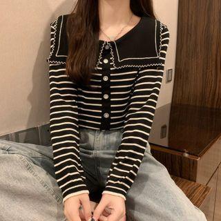Lapel Contrast Trim Striped Top