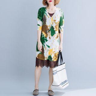 Printed Elbow-sleeve Long Cardigan As Shown In Figure - One Size