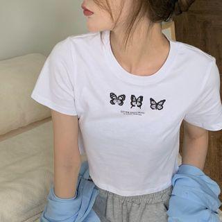 Short-sleeve Lettering Butterfly Print T-shirt White - One Size