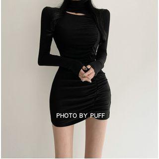 Long-sleeve Cut-out Mini T-shirt Dress Black - One Size