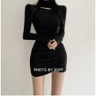 Long-sleeve Cut-out Mini T-shirt Dress Black - One Size