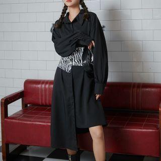 Long-sleeve Zebra Print Panel Midi Shirtdress