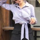 Long-sleeve Front-tie Striped Shirt