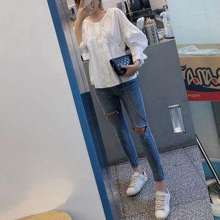 Lantern-sleeve Blouse / Distressed Cropped Skinny Jeans / Set