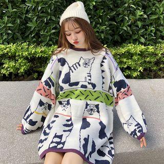 Cat Print Sweater Dress White - One Size