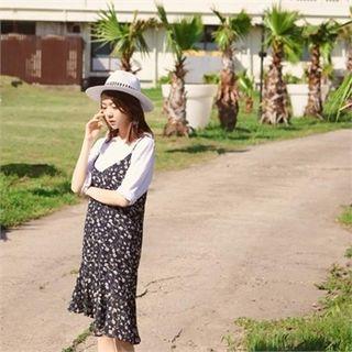 Ruffled Asymmetric-hem Floral-pattern Spaghetti Strap Dress