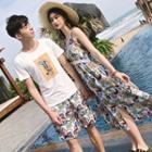 Couple Matching Printed Tank Top / Floral Print Shorts / Spaghetti Strap Midi Dress