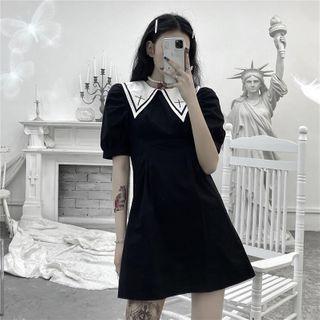 Balloon-sleeve Cross Embroidered A-line Dress