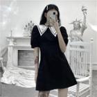 Balloon-sleeve Cross Embroidered A-line Dress
